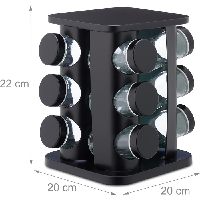 Підставка для спецій Relaxdays з 12 баночками для спецій, що можна багаторазово наповнювати, зі вставкою-шейкером, обертовою каруселью для спецій, нержавіюча сталь, чорна