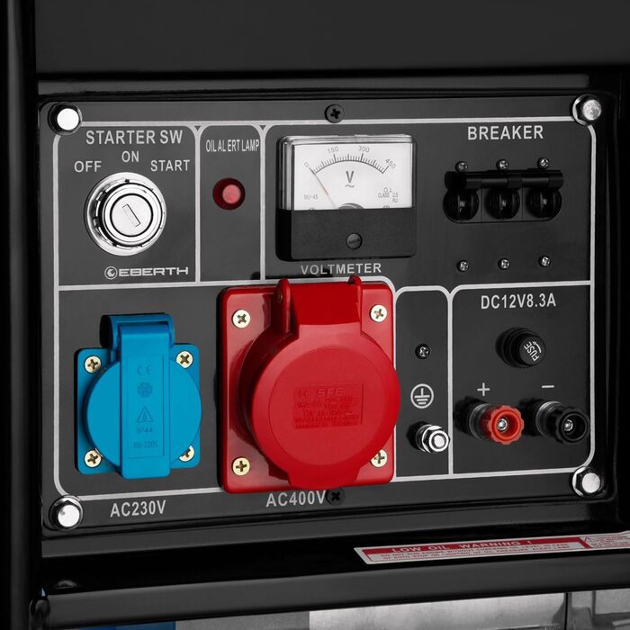 Дизельний аварійний генератор EBERTH потужністю 5000 Вт, генератор з дизельним двигуном потужністю 10 к.с., 4-тактний, електричний запуск, 3-фазний, 400 В, 230 В, 12 В, автоматичний регулятор напруги (AVR), захист від низького рівня оливи, 3-фазний (400 В