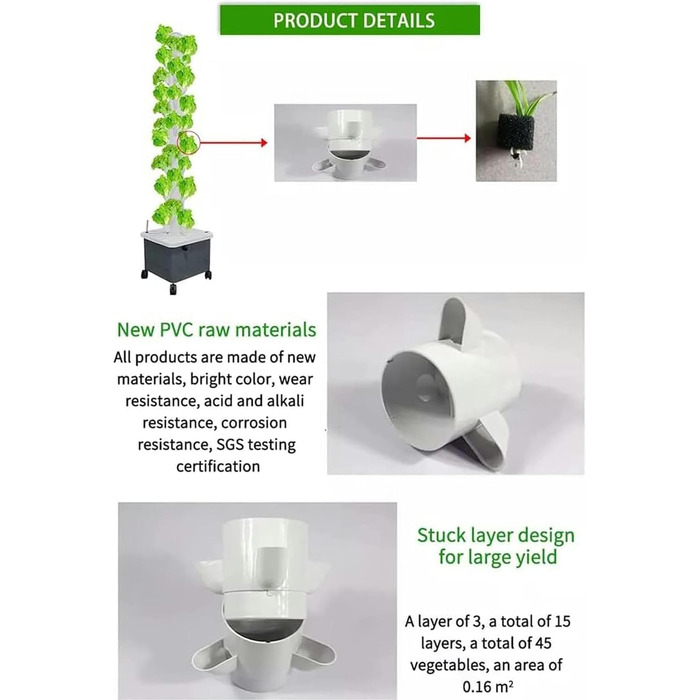Ярусів 45 отворів Aquaponics Growth System Vegetable Plant Tower Подарунок для любителів саду Стандарт//, 15