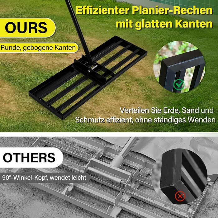 Гребінь для вирівнювання газону Garten L 2026, покращений, з нержавіючої сталі, з оптимізованим різьбовим зєднанням для запобігання ослабленню, регульований, для ґрунту, землі, догляду за газоном та ландшафтного дизайну 4525 см