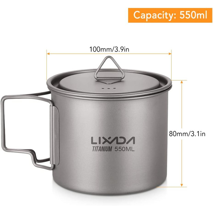 Портативний титановий горщик Lixada Ultralight з кришкою та ручкою для води, складний, для кемпінгу, відпочинку на природі, кухні, пікніка