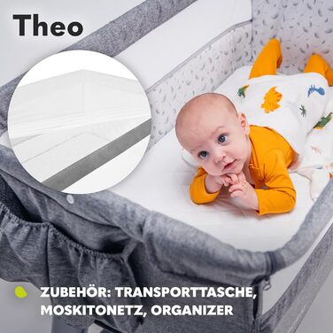 Дитяче ліжечко Lionelo Theo 2-в-1, дорожнє ліжечко, приліжкове ліжечко для дітей від народження до 9 кг, регульована висота, регульований кут нахилу, складна бічна панель, матрац, москітна сітка (сірий) сірий (1 упаковка)