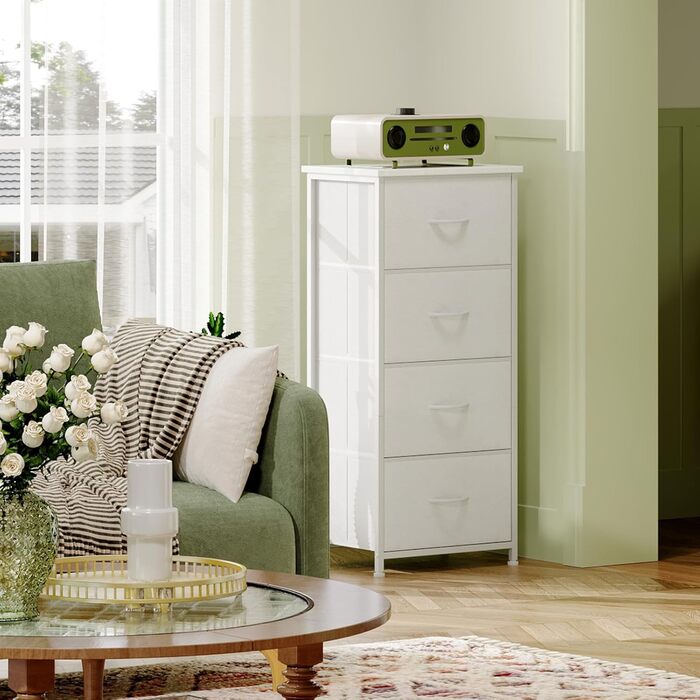 Комод Somdot, комод для спальні, вітальні, коридору, комод, шафа для зберігання, тканинний комод, 4 тканинні шухляди, білий, 30Г x 42Ш x 93В см, біла шкіра 30Г x 42Ш x 93В см (4 шухляди)