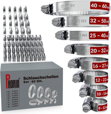 Набір 8 розмірів від 8-60 мм Хомути для шлангів - Хомут для труб, Хомут для шланга з нержавіючої сталі 304 - Ідеально підходить для автомобіля, будинку, саду тощо, 60 шт.