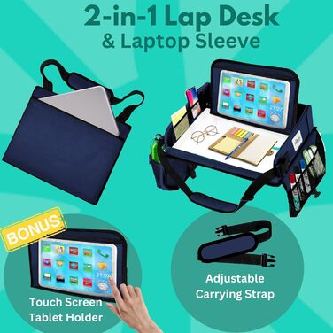 Мобільний робочий столик на коліна, дорожній столик для ноутбука та планшета. Зручний для подорожей, навчання та роботи. В комплекті сумка для зберігання, регульований ремінь та чохол для планшета (підходить для ноутбуків до 15.6 дюймів), колір темно-сині