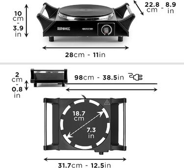 Електрична кемпінгова плита Duronic HP1 BK, 1500 Вт, портативна, виготовлена зі сталі з 1 електричною чавунною плитою, ручки для перенесення, регульована температура, зовнішня варильна поверхня