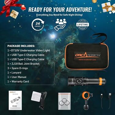 Ліхтар для дайвінгу ORCATORCH D710V MK2, ліхтарик для дайвінгу 2300 люмен з білим УФ червоним світлом для відеозйомки, водонепроникний світлодіодний ліхтарик IP68 для підводних занурень на 150 м, нічних занурень, дайвінгу на затонулих суднах, кемпінгу