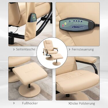 Крісло-реклайнер HOMCOM з підніжкою, поворотне на 360 крісло для телевізора з масажем, функція відкидання, масажне крісло з бічною кишенею, крісло для телевізора зі штучної шкіри для вітальні, кремовий/кремово-білий