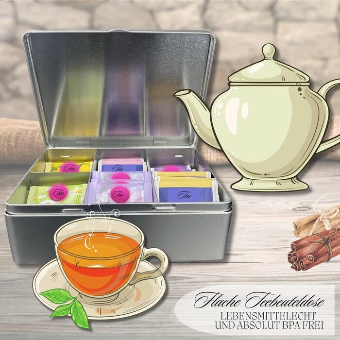 Чайний пакетик на 6 секцій - Плоска коробка для чайних пакетиків з кришкою відкидною - Порожня з 6 відділеннями - Зберігання чаю, чайна ємність, коробка для чайних пакетиків - Розміри (Д x Ш x В) 20,3 x 15,7 x 6,8 см