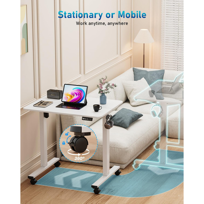 Стіл з регульованою висотою, 80x60 см, високоякісна стільниця, електричне регулювання висоти столу, комп&39ютерний стіл з функцією пам&39яті, білий