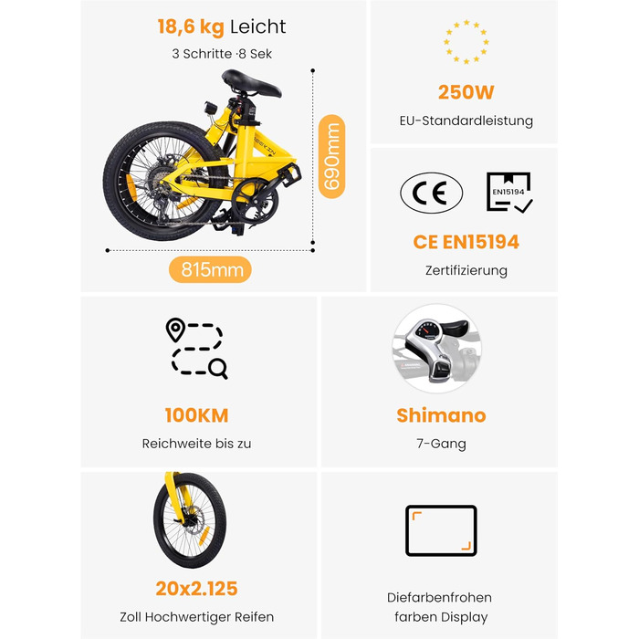 Складаний електровелосипед C10 20 дюймів, вага лише 18,6 кг, двигун 250 Вт, акумулятор 345,6 Втгод, електровелосипед із 7-швидкісною коробкою передач Shimano, запас ходу до 100 км, швидкість 25 км/год, РК-дисплей, ідеально підходить для поїздок на автофур
