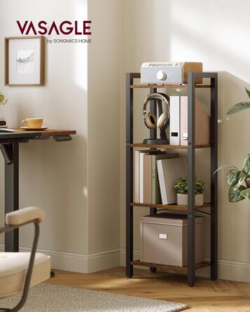 Полиця, книжкова шафа, полиця на стійці, полиця для DVD, з 4 полицями, офісна полиця, відкриті полиці, для офісу, вітальні, спальні, кухні, 24 x 40 x 107 см, вінтажний коричневий-чорний LLS099B01 4 полиці вінтажний коричневий чорнильний