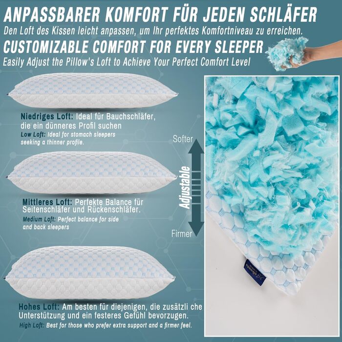 Регульована гелева подушка Alkamto 73x48 см охолоджувальна подушка з піни з ефектом пам&39яті з двостороннім чохлом з крижаного шовку та віскози ідеально підходить для сну на спині, животі та на боці розмір queen-size для спокійного сну 73x48x14 см