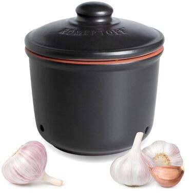 Літра - Керамічний горщик для часнику - Дихаюча глина довше зберігає овочі свіжими - Ідеальна циркуляція повітря - Чорний, 0,6