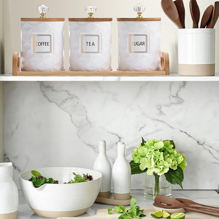 Набір керамічних контейнерів для зберігання, біла керамічна банка з бамбуковою кришкою та підносом, герметичні контейнери для зберігання продуктів на кухонній стільниці, 3 контейнери для цукру, кави, чаю, місткістю 1 літр кожен