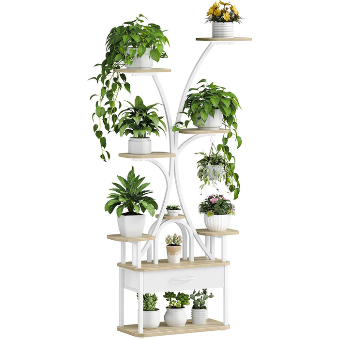 Підставка для рослин Hzuaneri з лампою для вирощування, 9-ярусна підставка для квітів з 4 світлодіодними лампами RG, регульований колір та час, 164 см, ідеально підходить для вітальні, балкона, саду, біла, PS16016WEU 9 ярусів білого кольору