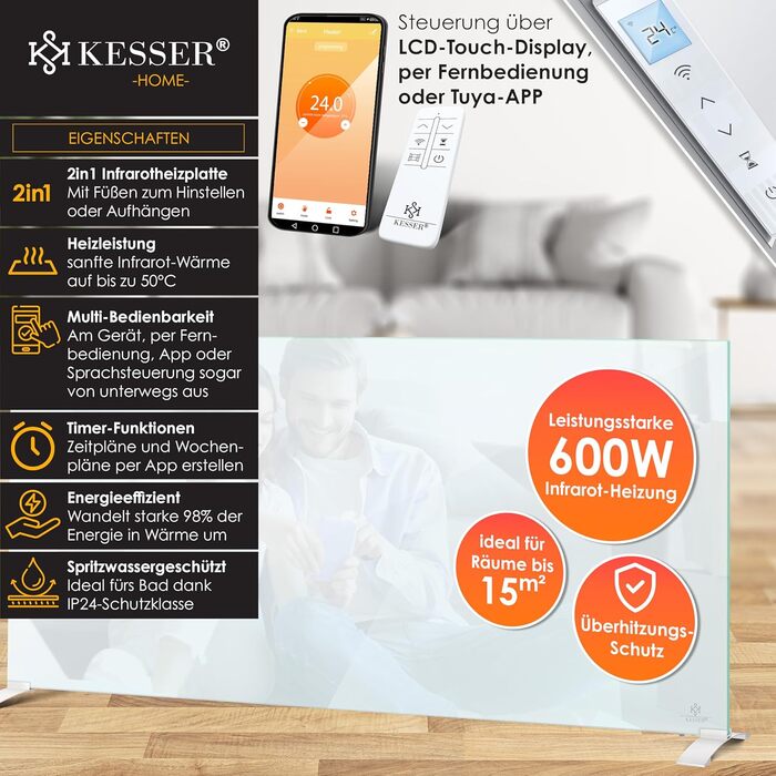 Інфрачервоний обігрівач KESSER 600 Вт, скляний конвектор, енергозберігаючий, 2-в-1, окремостоячий та настінний електричний обігрівач з датчиком відкритого вікна дистанційним керуванням та керуванням через додаток, термостат, нагрівальна панель 600 Вт, біл