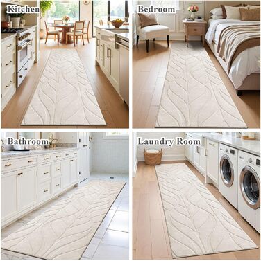 Килимова доріжка SHACOS довга 80x300 см, нековзка, бежева, можна прати, довгий килим з коротким ворсом для кухні, передпокою, вітальні, спальні, 80 x 300 см (прямокутна), бежевий лист