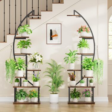 Підставка для рослин з лампою для вирощування - 7-ярусна підставка для квітів 165 см, металева дерев&39яна полиця для рослин - Квіткові драбини для приміщень та вулиці - Декоративна чорна квіткова полиця для внутрішнього саду, балкону, 2 шт.