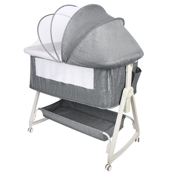 Ліжечко 3-в-1, дорожнє ліжечко для немовлят з матрацом, 6-позиційне регульоване по висоті дитяче ліжечко з верхньою платформою, портативна колиска з колесами для дітей до 36 місяців - 92 x 52 x 106-118 см - Білосніжний сірий