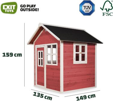Дерев'яний ігровий будиночок EXIT Toys Loft 100 для вулиці - Дерев'яний садовий будиночок для дітей з водонепроникним дахом - Легка збірка - 100 деревина кедра FSC - Сертифікований TV - 149x135x159см - Червоний