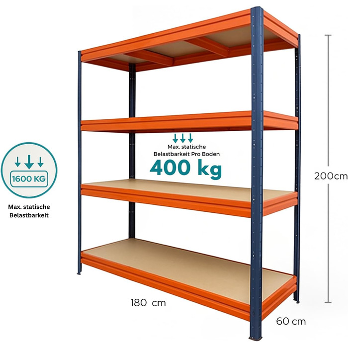 Потужний стелаж KARAT XXL, синьо-помаранчевий 200 x 180 x 60 см, стелажі для гаража, підвалу та майстерні - безболтові стелажі, широкопрохідні стелажі, підвальні стелажі, стелажі для майстерні (TitanRack Big)