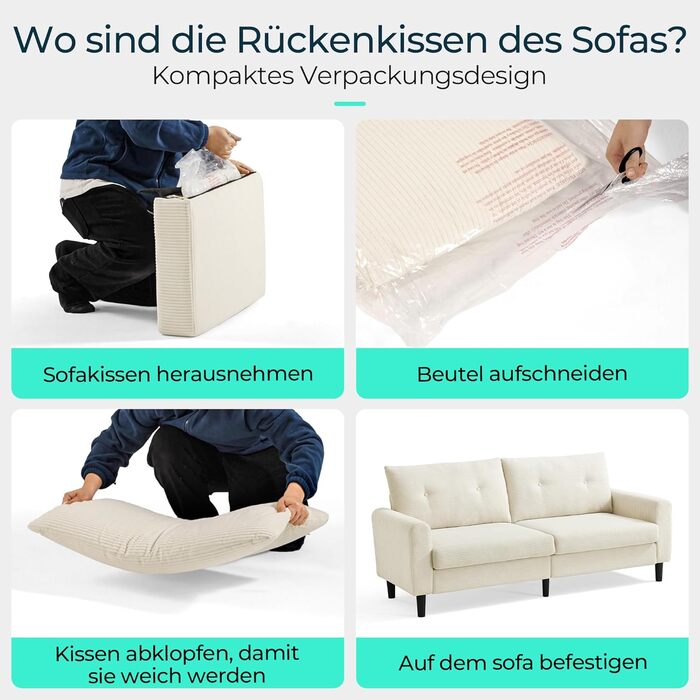 Місний диван LINSY HOME, ширина 201 см, диван з регульованою глибиною сидіння, невеликий диван-кутник для вітальні, спальні, квартири, офісу, бежевий, сучасний, 3-