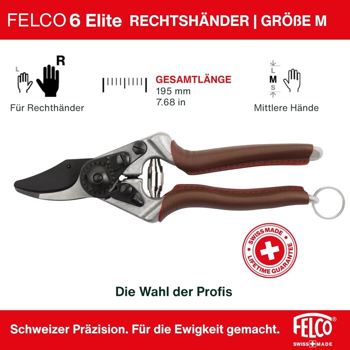 Ергономічні садові ножиці FELCO 6 ELITE для правшів, середнього розміру, шкіряні ручки, чорне лезо F-Tech, діаметр різання 20 мм, довжина 195 мм, зроблено у Швейцарії. FELCO 6 Elite 195 мм x 195 мм