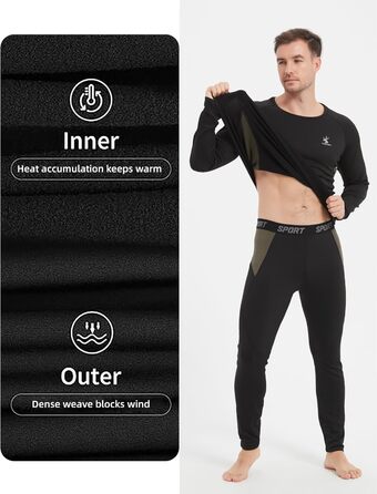 Комплект чоловічої термобілизни, тепла лижна білизна, дихаюча та термобілизна довга, функціональна білизна для чоловіків взимку та спорту, чорний/зелений, XXL