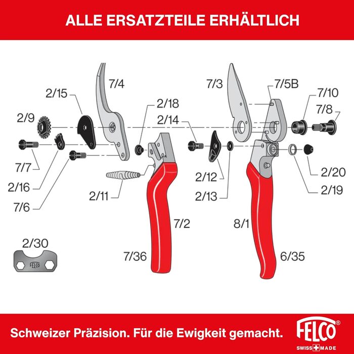 Садові ножиці FELCO 8 Bypass для правшів, ергономічний дизайн для великих рук, сталеве лезо 52 мм, діаметр різання 25 мм, амортизатор, ковані алюмінієві ручки, похила ріжуча головка, швейцарське виробництво FELCO 8 Large Hands (L)