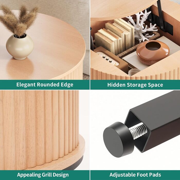 Журнальний столик з регульованою висотою, круглий журнальний столик з ребристим дизайном та прихованим місцем для зберігання, приставні столики для дивана Centro для вітальні, підйомна поверхня з дуба