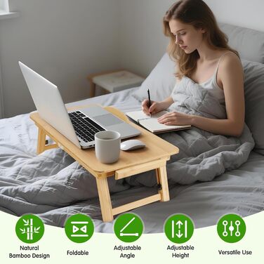 Регульований бамбуковий стіл для ноутбука, складний, для ліжка, дивана та підлоги. Портативний стіл на коліна з нахиленою поверхнею та шухлядою для письма, читання, сніданку, малювання, сучасний дизайн.