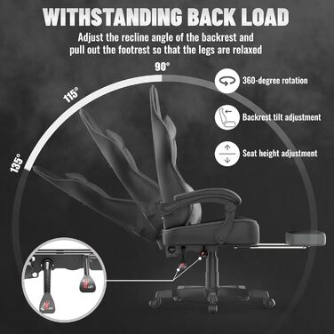 Ергономічне ігрове крісло Soontrans, ігрове крісло з пружинною подушкою, висувна підставка для ніг, підголівник, регульована висота, штучна шкіра, регульована спинка 90-135 (чорний/сірий)