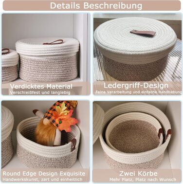 Кошик для косметики з 2 предметів з кришкою, коробка для зберігання, матеріал з натуральної бавовняної пряжі, декоративний кошик, який можна прати, ручка зі шкіряною етикеткою, набір кошиків для зберігання, білий коричневий