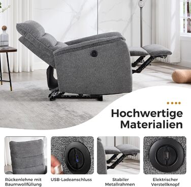 Електричне крісло-реклайнер для телевізора EBELLO з функцією відкидання, крісло для телевізора у вітальні, витримує до 150 кг, одне крісло-реклайнер для вітальні, темно-сірий 1 темно-сірий