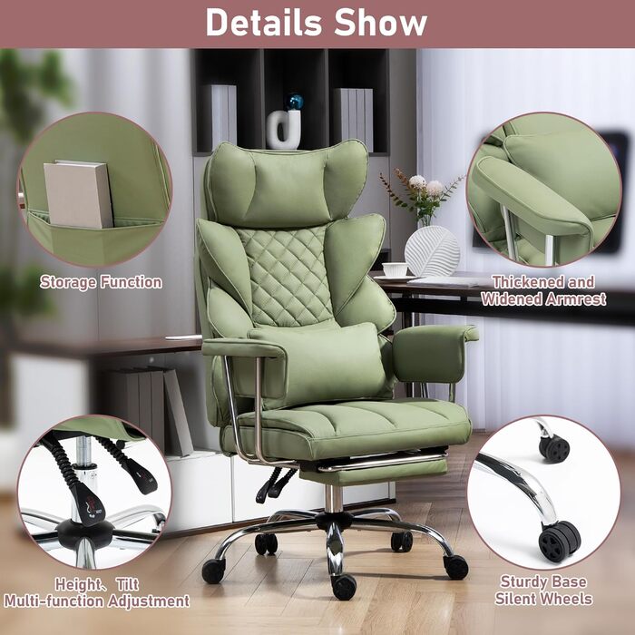 Офісне крісло 200 кг з підставкою для ніг - Ергономічне ігрове та крісло для керівників з функцією повороту на 360, регульованою спинкою на 90-135 та м&39якими підлокітниками для оптимального комфорту (Звичайне, Зелене) Зелене Звичайне