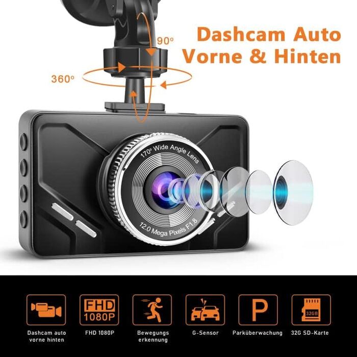 Відеореєстратор автомобільний передній і задній, подвійна автомобільна камера з SD-картою, FHD 1080P, 3-дюймовий IPS екран, нічне