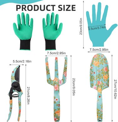 Набір садового інструменту з квітковим принтом (4 шт.) ідеальний подарунок для садівників, включає лопатку, секатор, граблі, рукавицю та інші аксесуари для догляду за садом, колір зелений