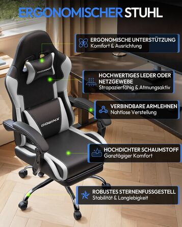 Ігрове крісло Dowinx, офісне крісло, масажне ігрове крісло з регульованими по висоті підлокітниками, ергономічне ігрове крісло з підставкою для ніг, м&39яке ігрове крісло, нахил спинки 150, до 180 кг, білий колір