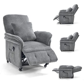 Моторне електричне крісло-реклайнер, крісло для телевізора з функцією відкидання, крісло для телевізора у вітальні з колесами, регульована спинка та підставка для ніг, 2 бічні кишені, вельветовий диван, світло-сірий, 2-