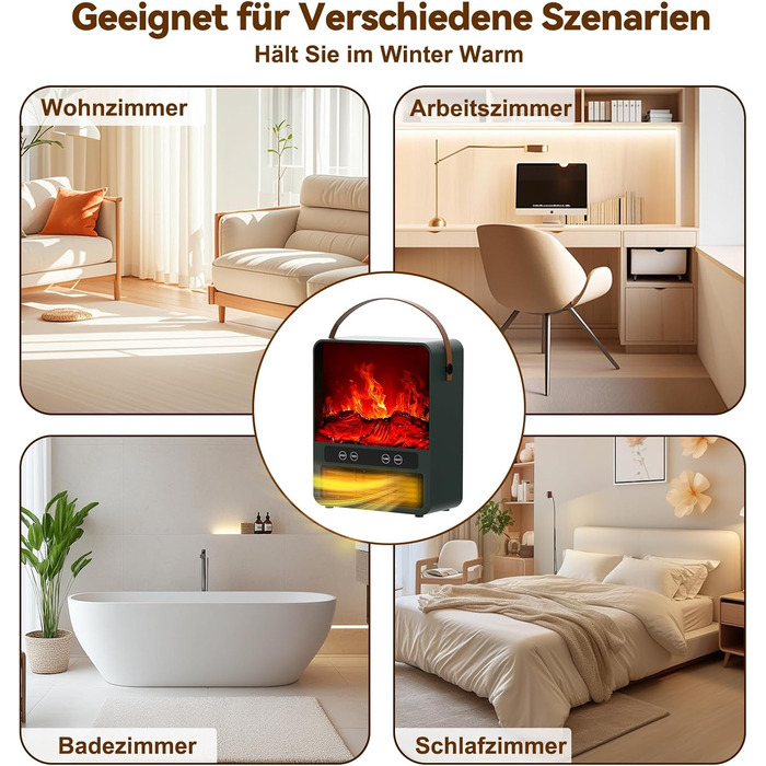Енергозберігаючий керамічний вентилятор-обігрівач, дизайн каміна 3D ефект полум&39я, електричний нагрів 1500 Вт, 3 режими нагріву, тиха робота 34 дБ, пульт дистанційного керування, невеликий вентилятор-обігрівач для ванних кімнат