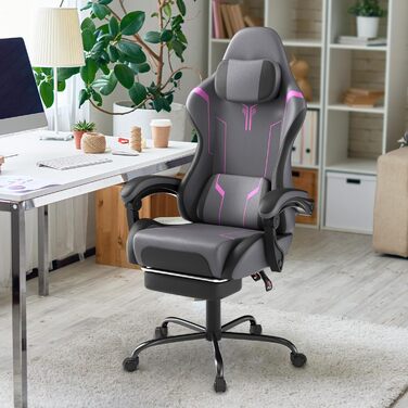 Ігрове крісло, ергономічне офісне крісло з масажною поперековою подушкою та підголівником, ігрове крісло з поліуретану та підставкою для ніг, регульована висота, вантажопідйомність 135 кг, сіро-фіолетове