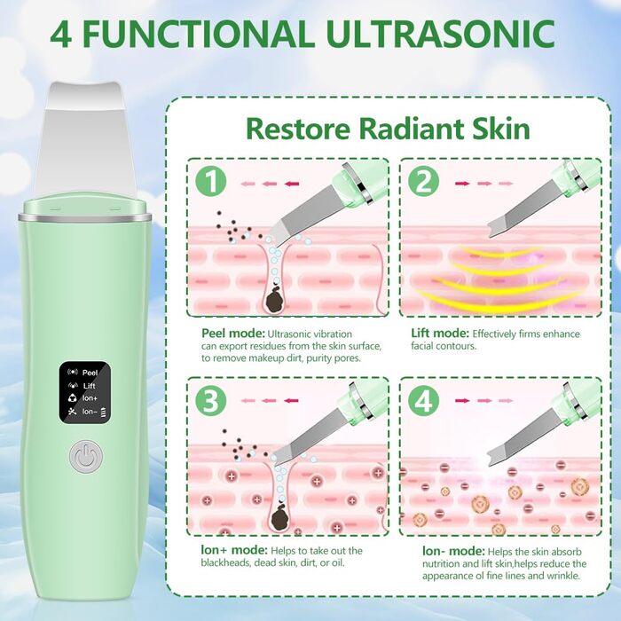 Скраб для шкіри ACWOO, пристрій для ультразвукового пілінгу для обличчя, ультразвуковий пристрій для обличчя для сяючої шкіри, лопатка для обличчя для видалення чорних крапок, засіб для очищення пір зелений