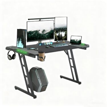 Ігровий стіл 140 x 60 см зі світлодіодним підсвічуванням Міцний ігровий стіл з підсклянником, організатором кабелів та карбоновою поверхнею, великий комп&39ютерний стіл для ПК та офісу, чорний 140 x 60 см зі світлодіодним підсвічуванням
