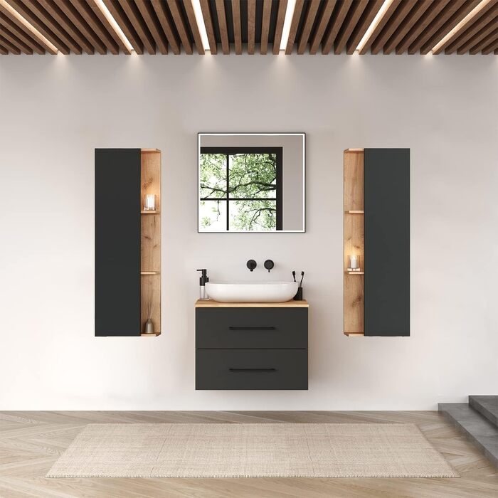 Комплект меблів для ванної кімнати Planetmbel туалетний столик LUX 70 см золотий дуб/антрацит БЕЗ умивальника з тумбою 2 шт. золот