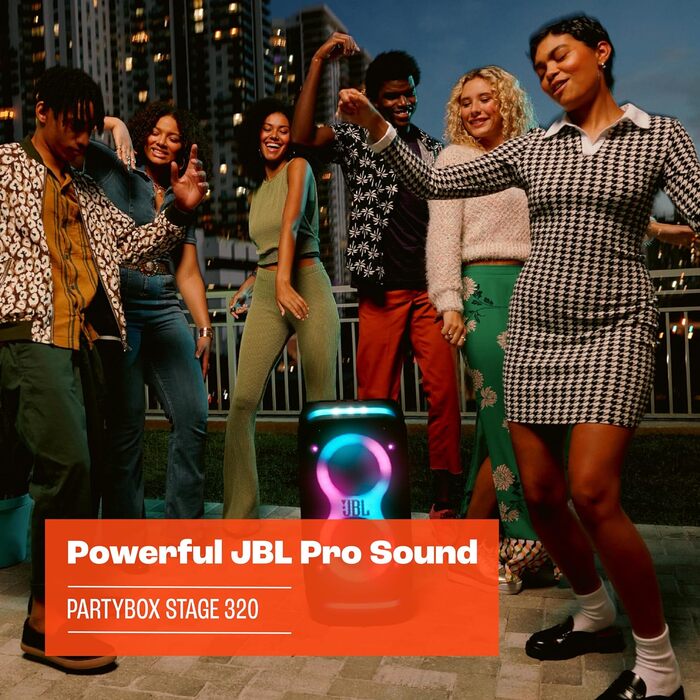 В чорному кольорі - портативна Bluetooth колонка з JBL Pro Sound, світловим шоу, підсилювачем звуку AI, колесами та телескопічною