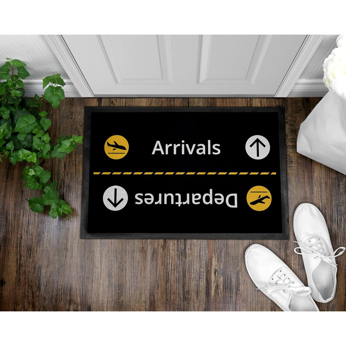 Забавний килимок для дверей з написом - Аеропорт - Прибуття/Виліт - Аеропортовий стиль IV - Нековзний та миється - 60x40 см, 3