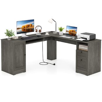 Комп&39ютерний стіл GIANTEX L-подібної форми з вбудованою зарядною станцією, кутовий стіл з підставкою для клавіатури та висувними шухлядами, офісний стіл для 2 осіб з шафою для зберігання та регульованою полицею (сірий)