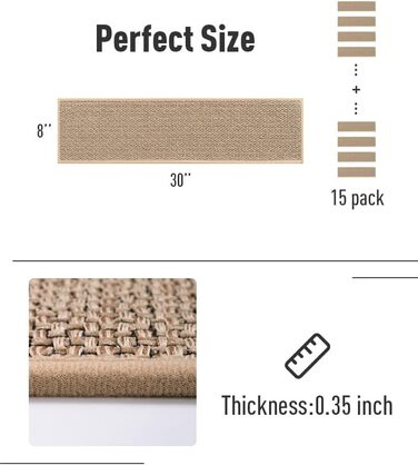 Нековзні сходинки PADOOR, гумова основа для дерев&39яних сходинок, 15 шт. , килимові сходинки без залишків для дітей та собак, 20,3 x 76,2 см, бежевий