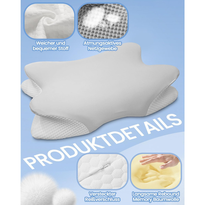 Велика подушка для шиї, подушка для голови, подушка для підтримки шиї, подушка з піни з ефектом пам&39яті, ергономічна ортопедична подушка з наволочкою, подушка для сну на боці, спині та животі - 60 x 34 см x 9/13 см, сірий